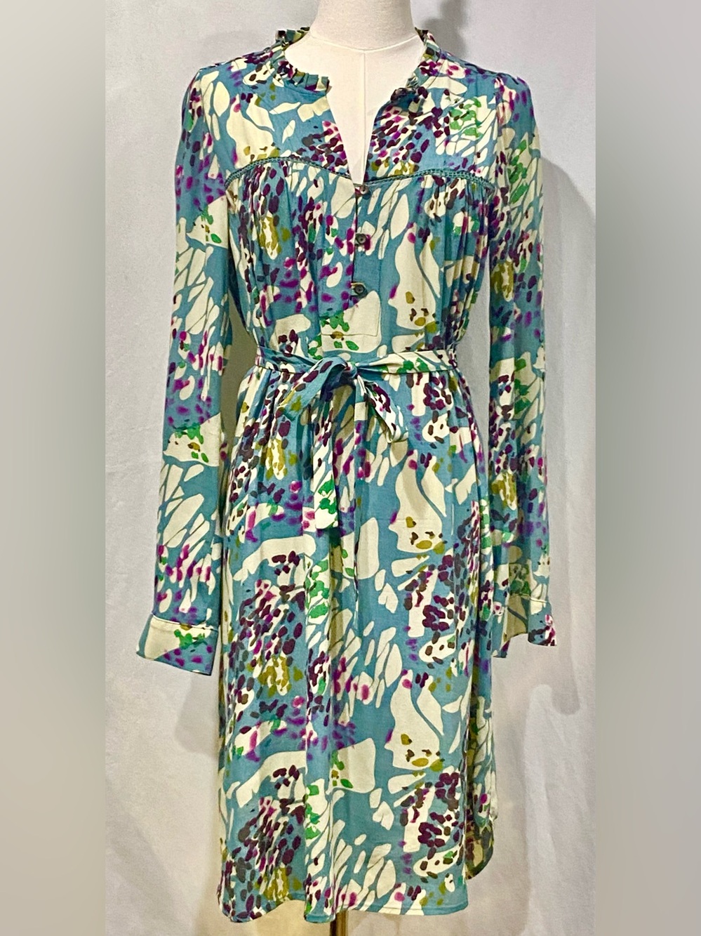 Dolan Left Coast Collection  Abstract Floral Tie-Waist Dress in Teal & Ivory XS